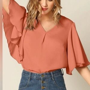 Shein Pink Ruffle Short Sleeve V neck Flounce Blouse Sz Size‎ XS